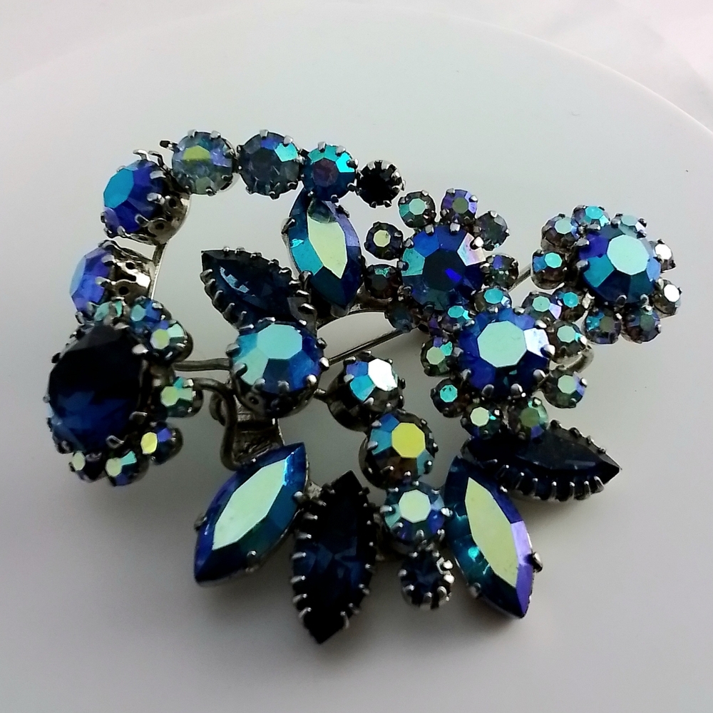 Vintage Triad Signed Blue Iridescent Rhinestone Brooch